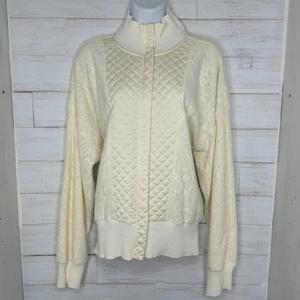 Anthropologie Saturday/Sunday Mission Ivory Quilted Lace Bomber Zip-up Jacket L - Image 2