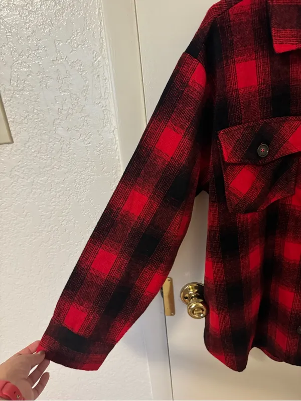 Time and Tru Red Black Buffalo Plaid Shacket Shirt Jacket Women's NWT Size L - Image 3