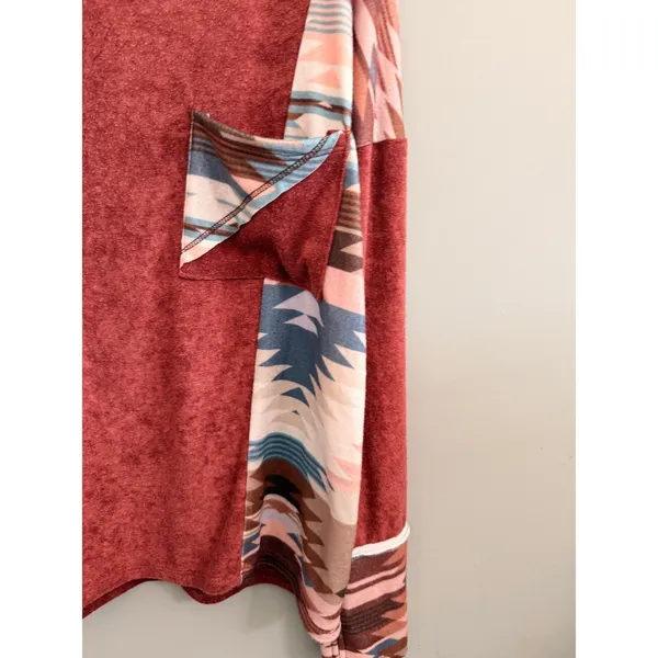 BiBi‎ Aztec Contrast Pocket Top Women Large Rust Red Southwestern Boho Knit - Image 2