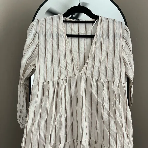 Zara White and Brown Striped Long Sleeve Dress - Image 2