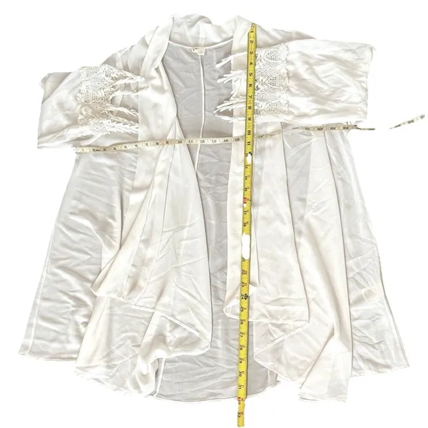 Anthropologie Ivory Sheer Kimono Cardigan Size L Crochet Lace Sleeve Fringe Boho - Image 5