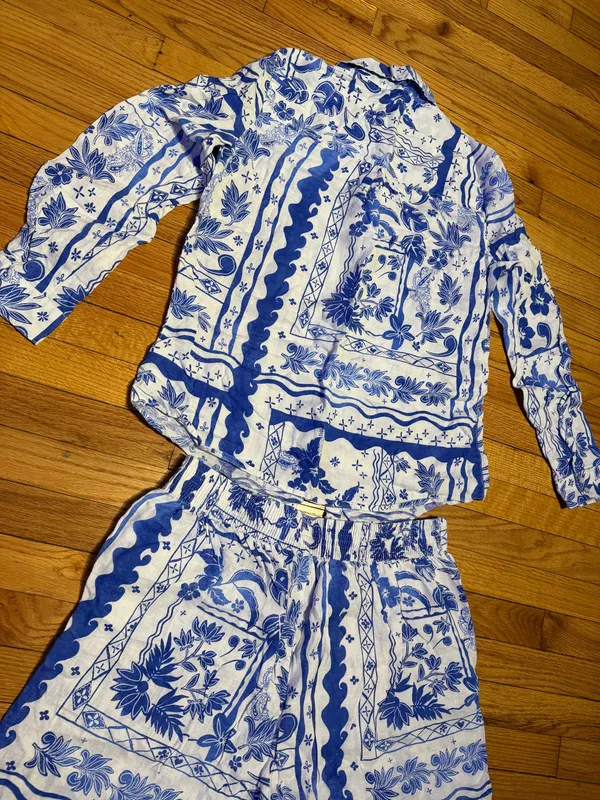 Joie Linen Matching Set Blue/White Floral Two-Piece Pantsuit Coord L/XL coastal - Image 9