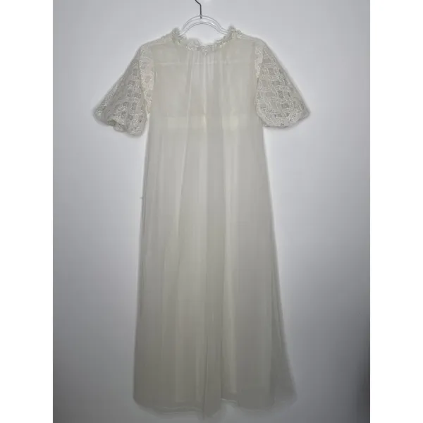 American Vintage 1970s Ivory Lace Chiffon Bridal Robe Gown Unbranded Small P - Image 5