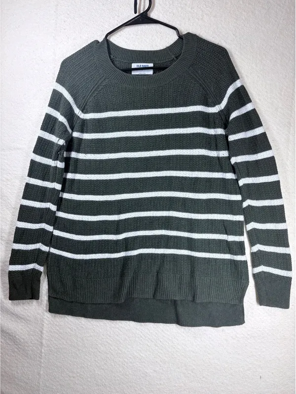 Sweater M Green Old Navy Waffle Knit Striped Crew Neck Pullover - Image 2