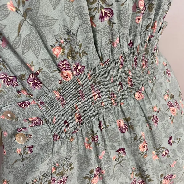Vintage Floral Dress Shell Buttons Shirred Smocked Midi Cottagecore Summer Fall - Image 8