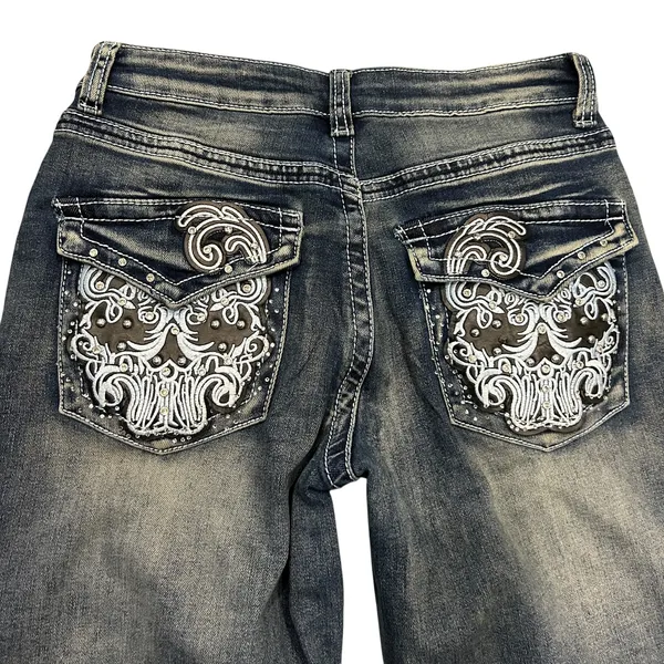 Telepatia Y2K Low Rise Wide Leg Jeans Rhinestone Embroidered McBling Sz 11 Diva - Image 2