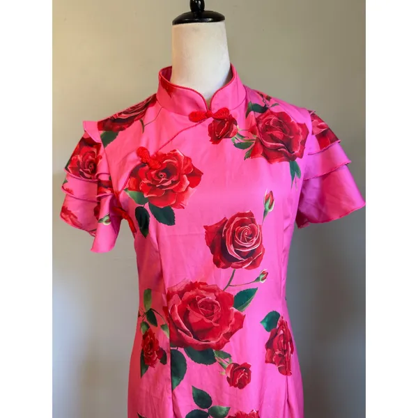 Pink Floral Rose Cheongsam Maxi Dress Mandarin Ruffle M y2k romantic dainty boho - Image 3
