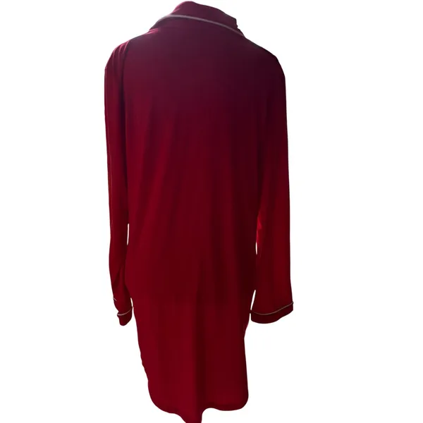 Red Button Front Nightgown Women's Medium Soft Pajama Sleep Shirt Pockets - Image 4
