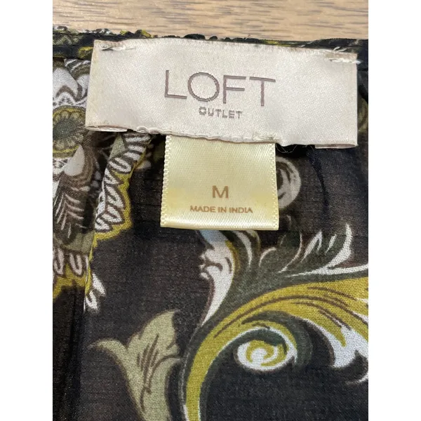 LOFT Outlet Blouse Size M Black Olive Paisley Floral Sheer V Neck Long Sleeve - Image 2