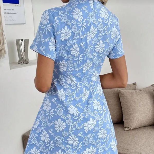 Blue Floral Short Sleeve A-Line Dress - Image 2