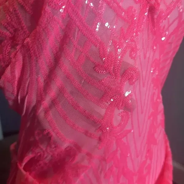 Womens Skimpy Sexy Pink Strapless Sheer Sparkly Party Club Dress Bodysuit Size M - Image 4