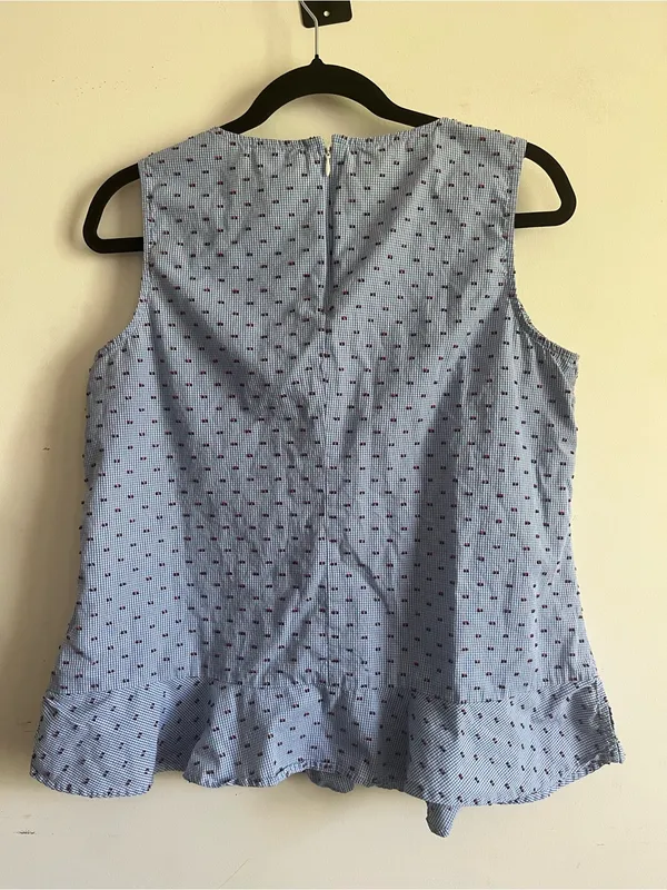 Tommy Hilfiger Blue 100% Cotton Gingham Plaid Embroidered Top Large Coastal - Image 6