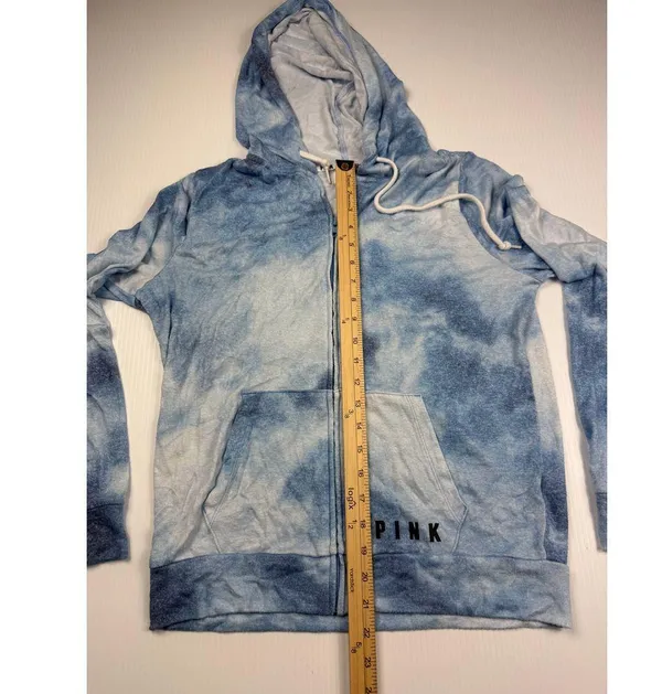 PINK Victoria's Secret Tie Dye Zip Up Hoodie Blue White Casual Loungewear Size M - Image 6