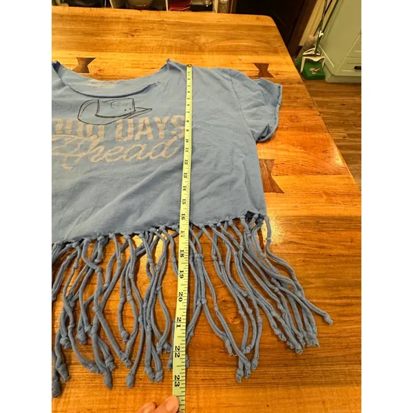 Custom Blue Fringe Cowboy Graphic Crop Top Boho Southwestern Festival Shirt L - Image 6