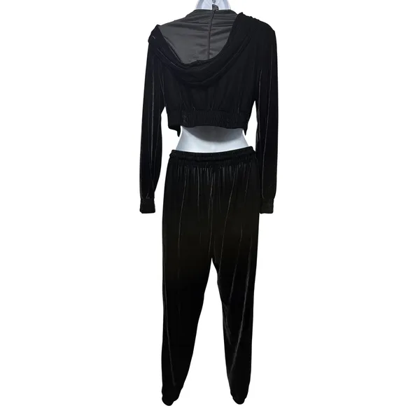 Black Velvet Tracksuit Set Size Medium‎ Crop Zip Hoodie Joggers Y2K Streetwear - Image 2