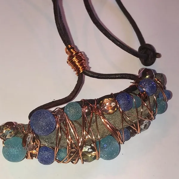 Vintage Beaded Copper Wire Wrapped Unique Boho Pendant Necklace - Image 2