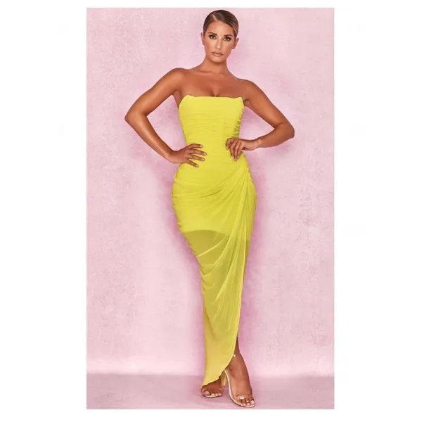House Of CB Paloma Maxi Dress Yellow Strapless Draped Chiffon Size Small Corset - Image 3