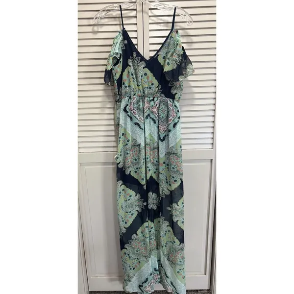 Lily Rose Paisley Chiffon Cold Shoulder Maxi Dress NWT Sz M Lined Ruffle - Image 6