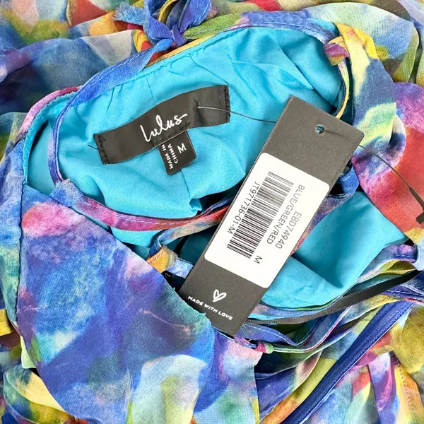 Lulus Jeniah Blue Multi Abstract Print Drop Waist Maxi Dress Formal Medium NWT - Image 8