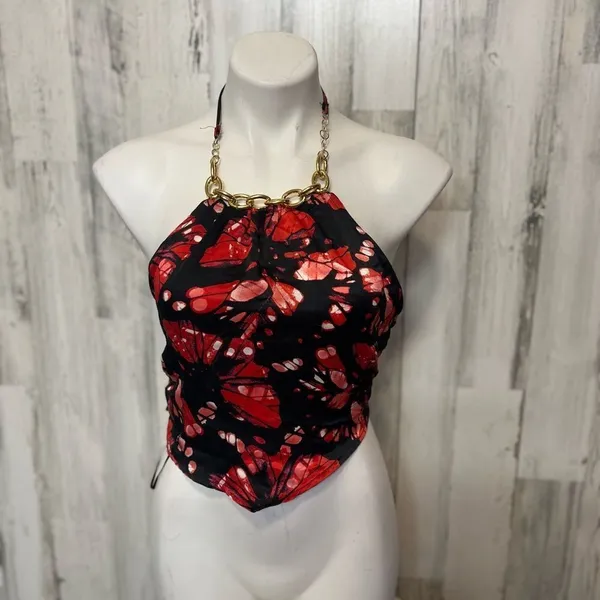 Meraki Red & Black Abstract Halter Top Small Gold Chain Neck Tie Back - Image 7