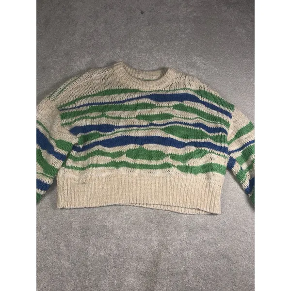 Aerie Women's M Cream Green Blue Wavy Stripe Cropped Knit Sweater Wool Blend - Image 3