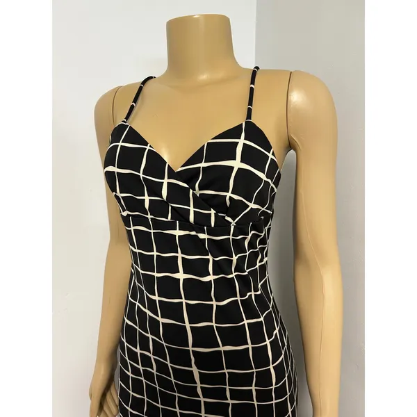 Y2K La Belle Vintage Black White Grid Midi Dress Surplice Spaghetti Strap M - Image 2