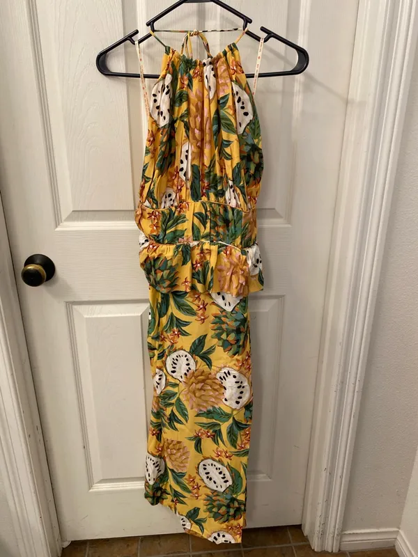 FARM Rio BiRiBA Yellow Tropical Halter Midi Dress with Side Slit and Peplum - Image 10
