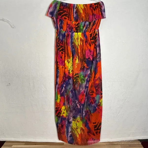 Cynthia Rowley Women Large Mesh High Low Maxi Dress Rainbow Feather Print Ruffle - Image 4
