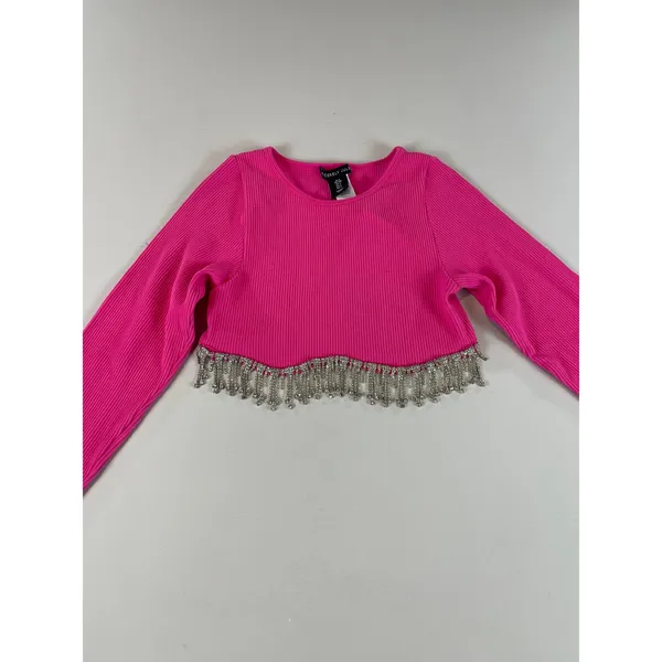 Sincerely Jules Crop Top Size S Pink Rhinestone Fringe Long Sleeve New With Tag - Image 4