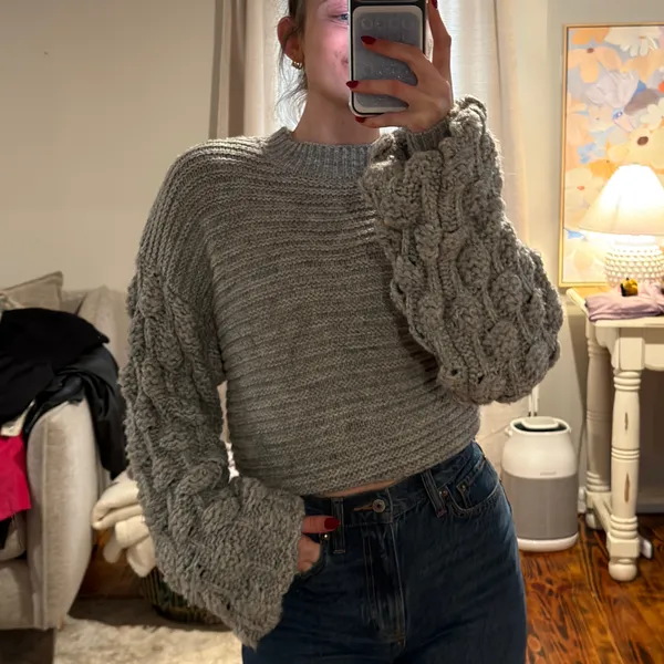 Grey Ballon Sleeve Warm Sweater Gray - Image 3