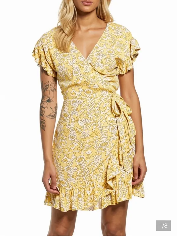 Billabong Yellow Floral Wrap Ruffle Dress Small - Image 9