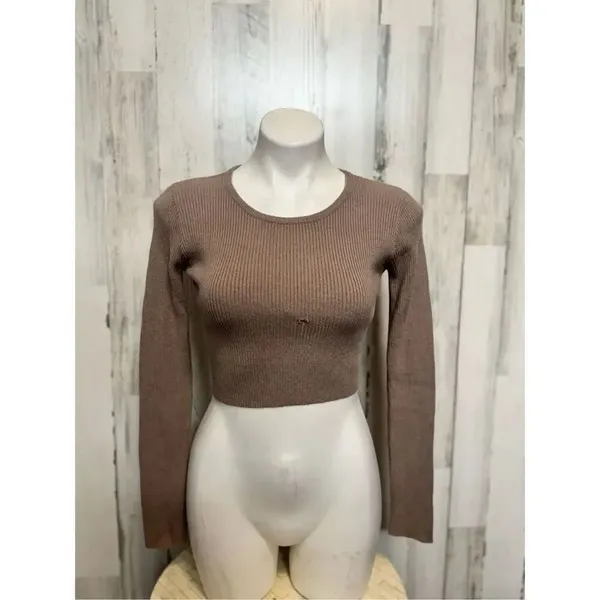 Zara Ribbed Long Sleeve Crop Top Brown Size M Crew Neck Knit Casual - Image 2