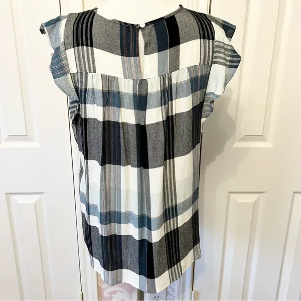 LOFT Teal Plaid Ruffle Sleeve Top Small - Image 2