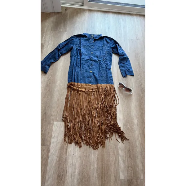 Set sunglasses & Blue Chambray Shirt Dress with Brown Faux Suede Fringe Hem - M - Image 2