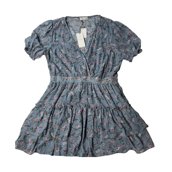WAYF Dusty Blue Floral Mini Dress XL NWT Wedding Guest Garden Party - Image 6