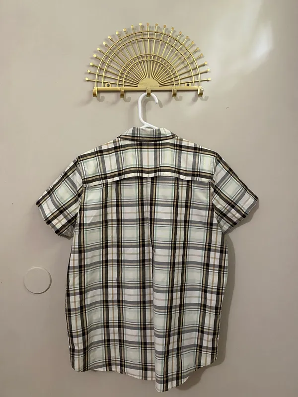 Eddie Bauer Short-Sleeve Plaid Button-Down Shirt - Green, Brown & White - Image 2