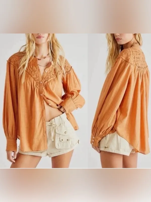 Free People $138 Marigold Button down Blouse Top Wood Chimes Fall Oversized M - Image 2