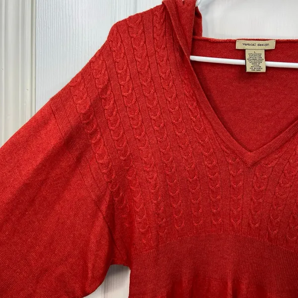 Vertical‎ Design red orange soft knit lambswool cashmere angora hooded sweater L - Image 3
