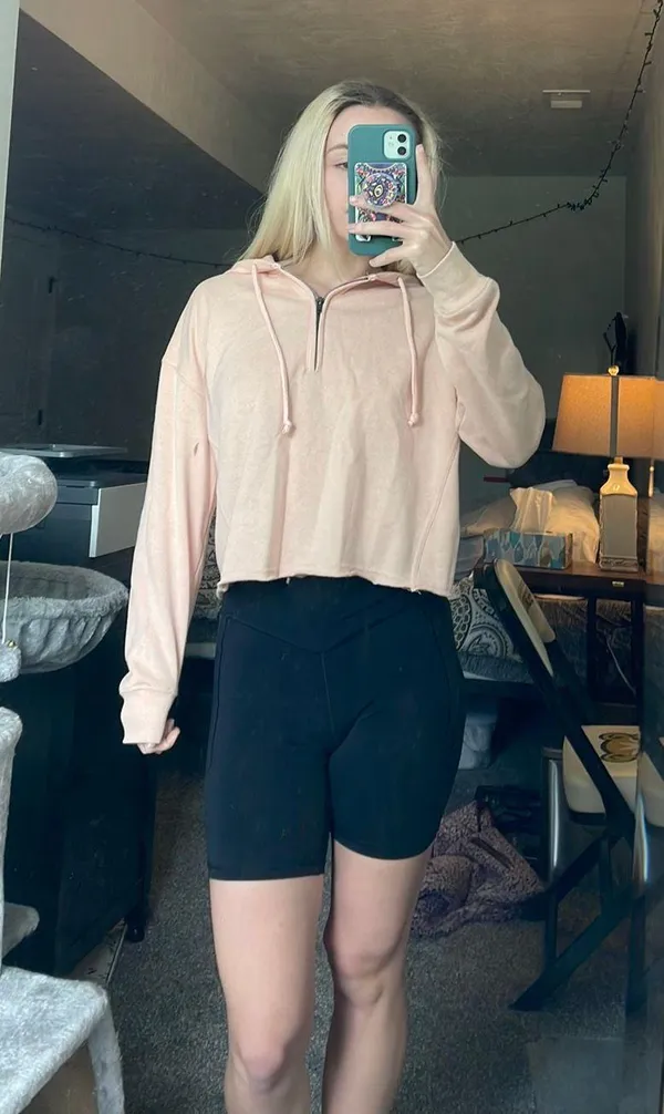 Pink Cropped Quarter Zip Hoodie - Image 3