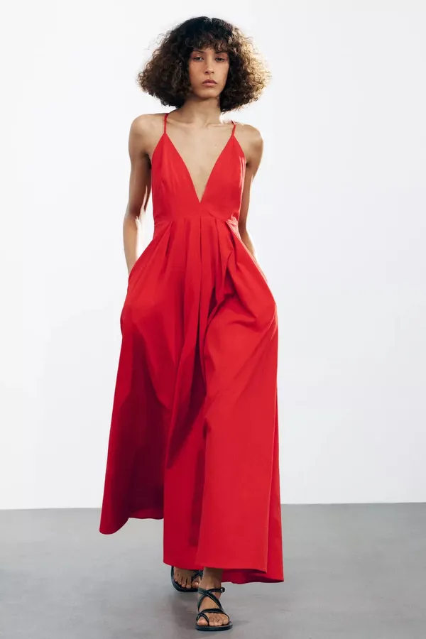 Zara long red maxi dress ZW collection flowy corset elegant evening wedding - Image 9