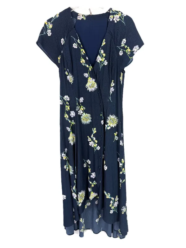 Free People Lost in You Floral Midi Dress Button Hi-lo Navy Blue Size Small S - Image 3