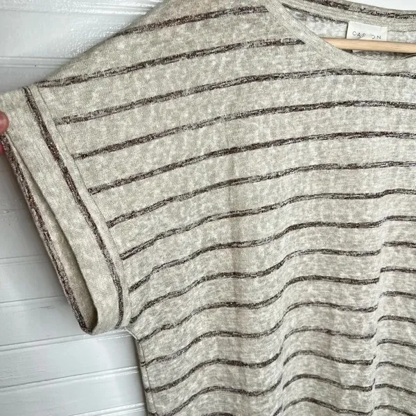 Caslon Women's Beige Striped Short Sleeve Drawstring T-Shirt Size L in Oatmeal - Image 4