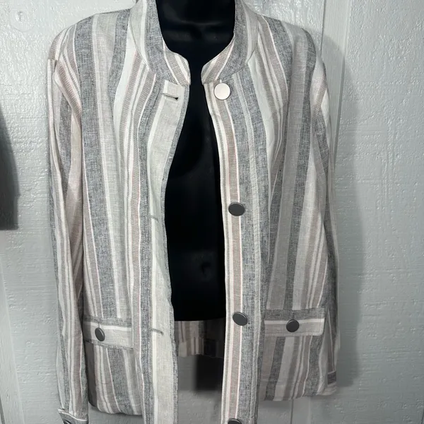 Jones New York Linen Gray Blue Stripes Lightweight JACKET/Blazer SIZE XL EUC - Image 4