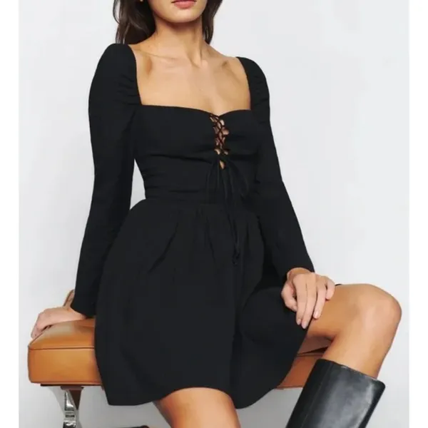 Reformation Johnny Mini Dress Womens 6 Black Square Neck Lace Up Cotton NWT - Image 5
