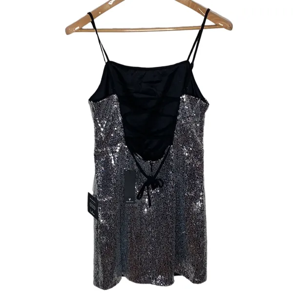 Lulus Loves the Spotlight Silver Sequin Lace-Up Mini Dress size L - Image 4