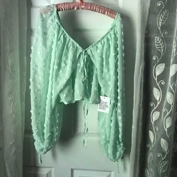 New ASOS long balloons sleeve textured with tie neck detail oversized babydoll t - Image 9