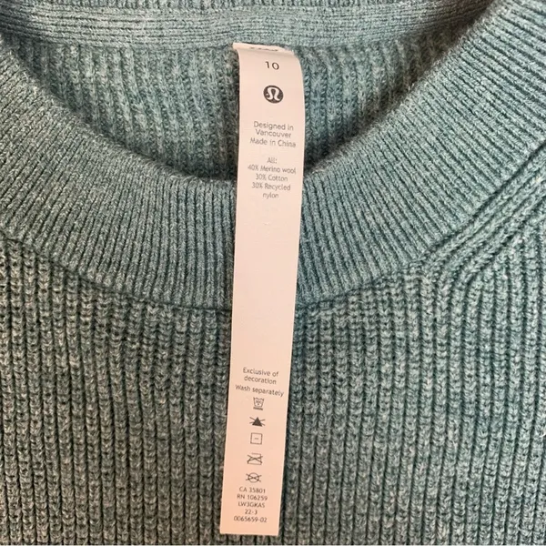 Lululemon womens size 10 merino wool sweater green knit pullover crew neck tide - Image 3