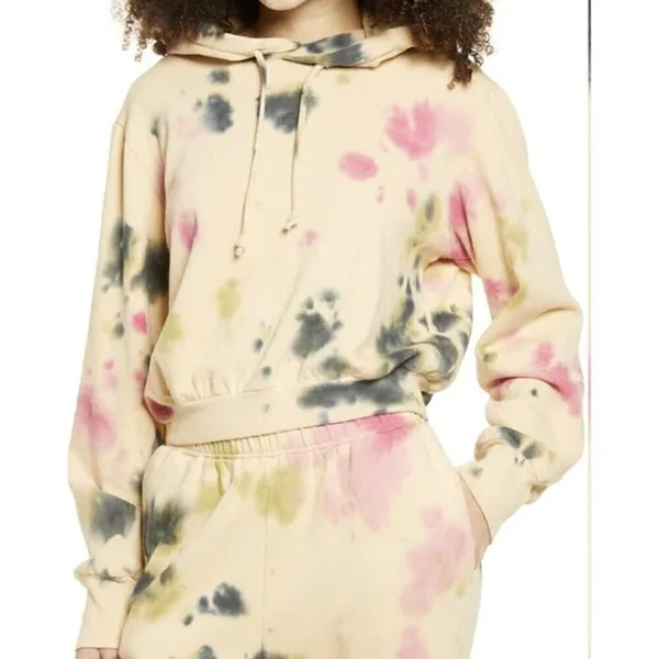 NEW AFRM Cropped Hoodie Sweatshirt SMALL Beige Tan Pink Tie Dye Drawstring NWT - Image 5