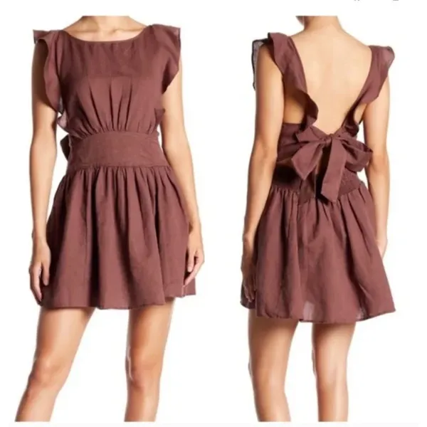 Free People Erin Ruffled Mini Dress Cut Out Back Linen Brown Size Large - Image 2