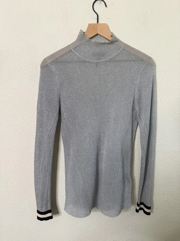 rag & bone Priya Metallic Silver Turtleneck Top Long Sleeve Womens Size M - Image 2